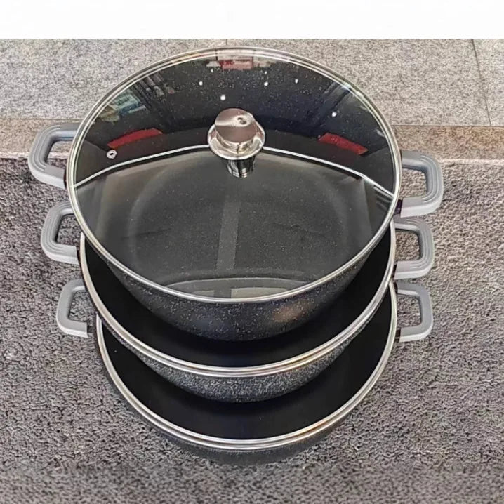 Luxury Black Granite Cookware Set 14pcs 20cm-44cm Jumbo Size Casserole Aluminum Non Stick Cooking Pot Set Gift Box Packing l'atelier des ustensiles