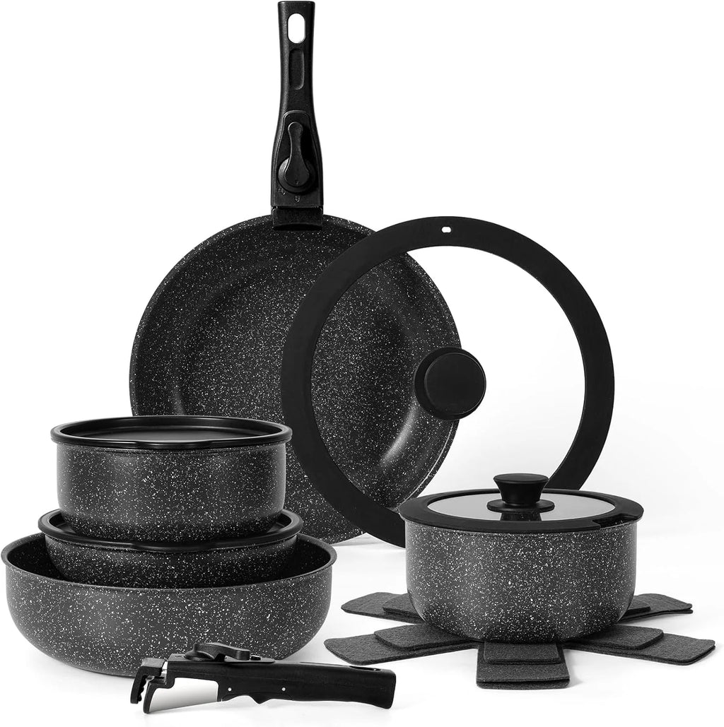 Hot Selling 15pcs Black/White Non-Stick Aluminum Cookware Set Modern Design Induction Pans Glass Pots Sustainable Cooking Food l'atelier des ustensiles