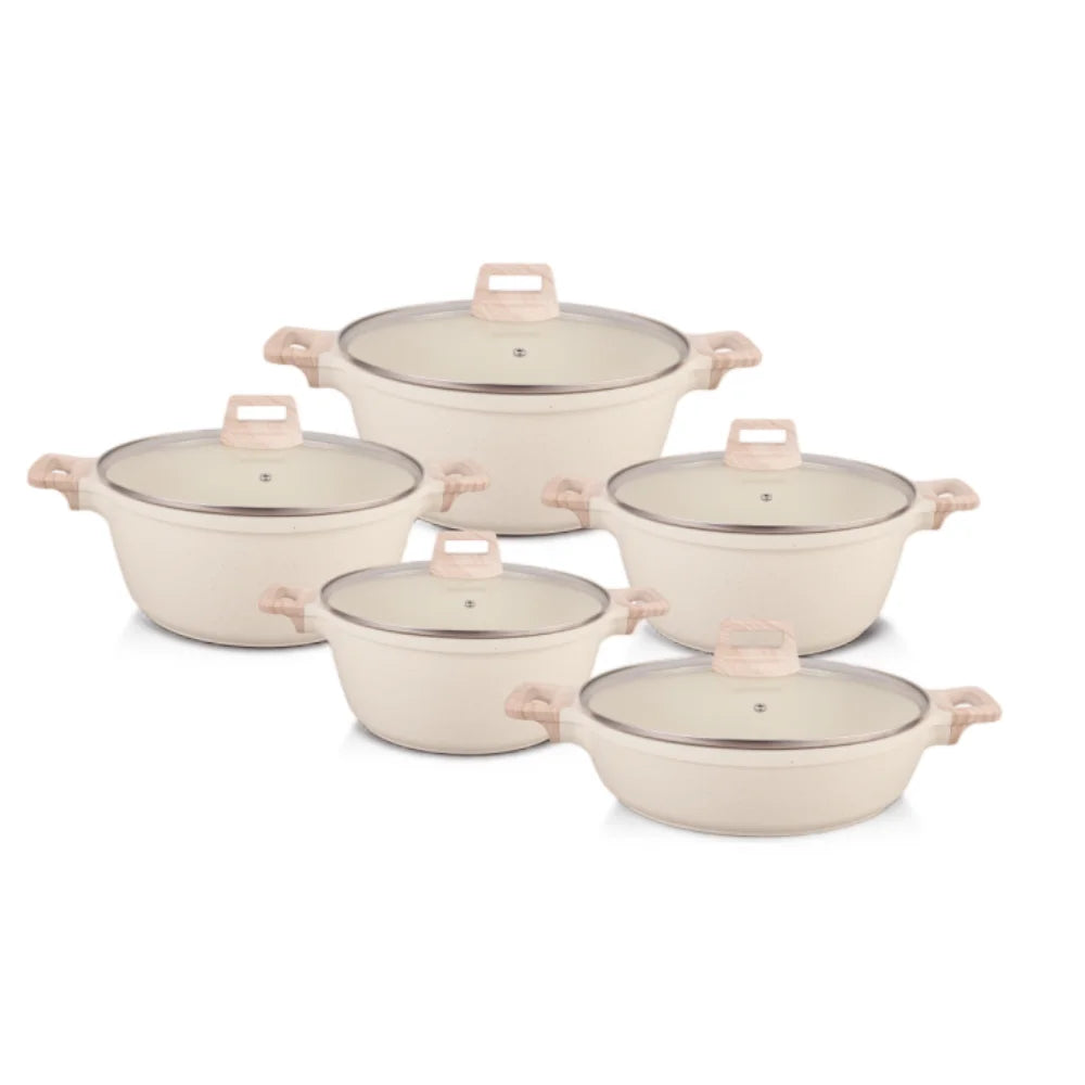 BOREINE Beige Marble Modern 10-Piece Kitchen Cookware Set Glass Cover Casserole Aluminium Deep Fry Pan  Eco-Friendly Non-Stick l'atelier des ustensiles
