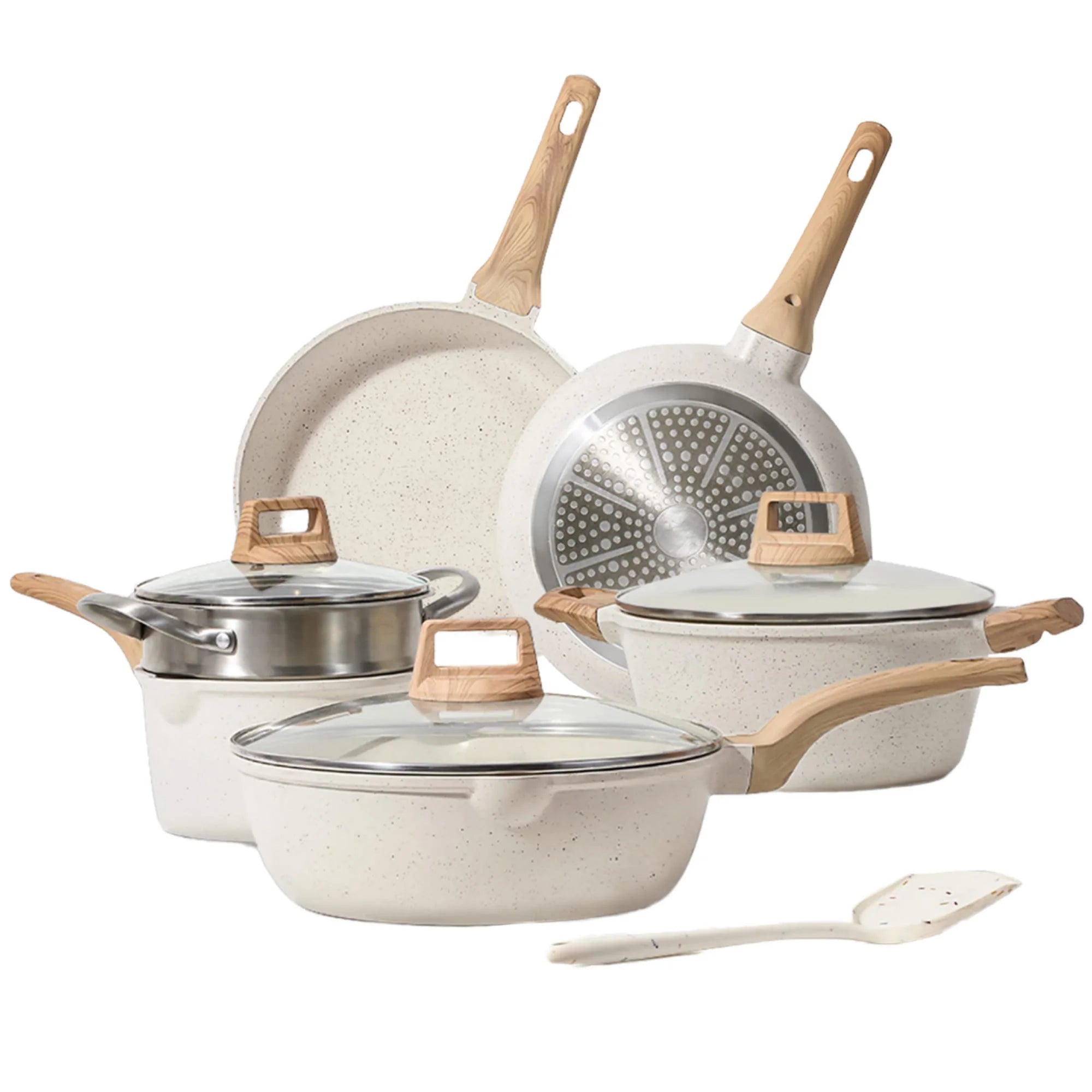 10-Piece Aluminum Non-Stick Kitchen Utensil Set All Metal Flat Bottomed Pans Spatula and Steamer Glass Lid for Home Cooking l'atelier des ustensiles