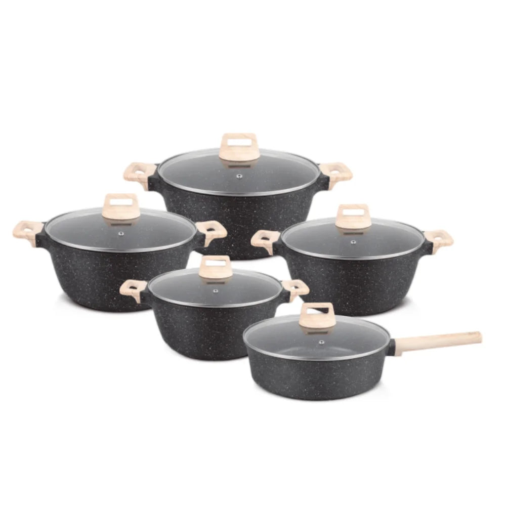 BOREINE Beige Marble Modern 10-Piece Kitchen Cookware Set Glass Cover Casserole Aluminium Deep Fry Pan  Eco-Friendly Non-Stick l'atelier des ustensiles