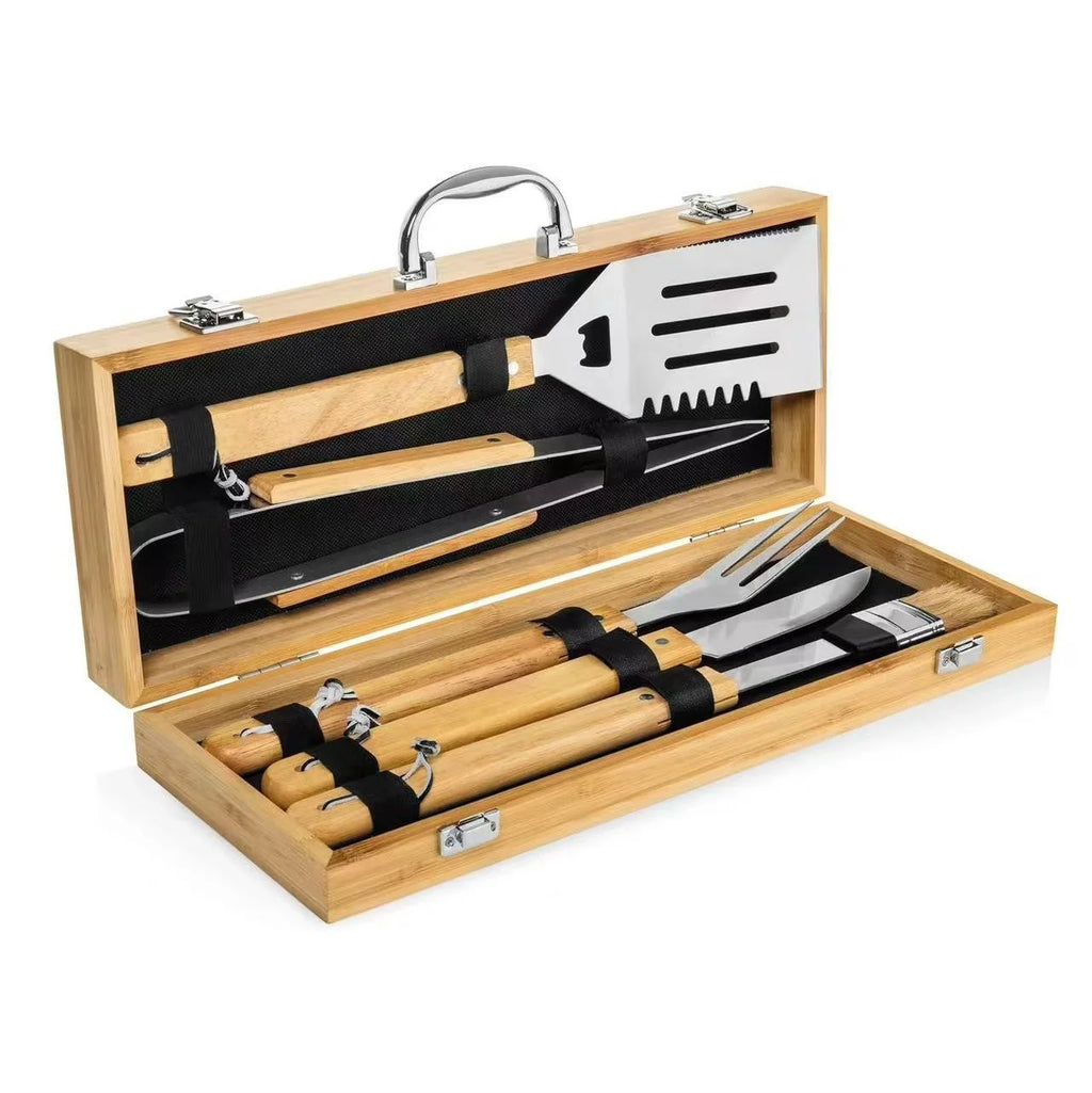Wood Handle BBQ Tools Kit Set Barbecue Grilling Accessories Utensils Portable Bamboo Carrying Box Case for Outdoor Camping l'atelier des ustensiles
