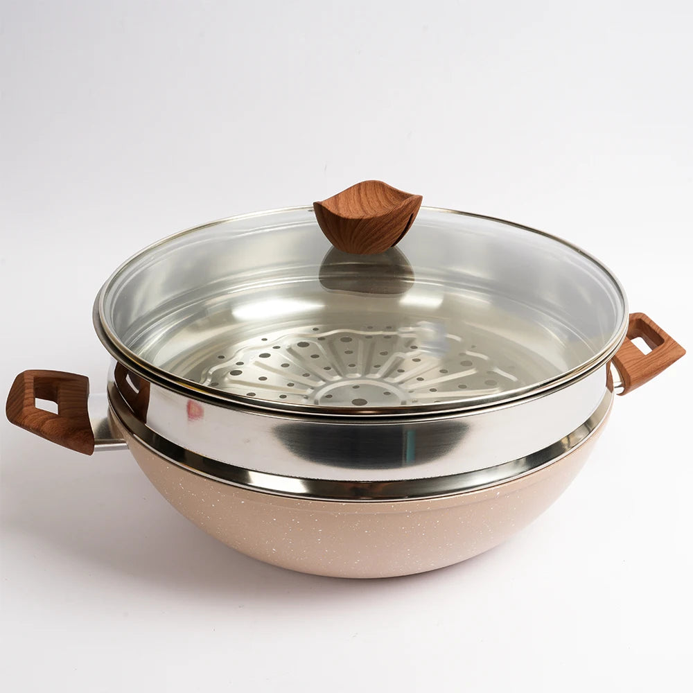 Aluminum Non-stick Deep Fry Pan Wok Casserole Marble Coating with Steamer Glass Lid Multi-functional Induction Base Cooking Pot l'atelier des ustensiles