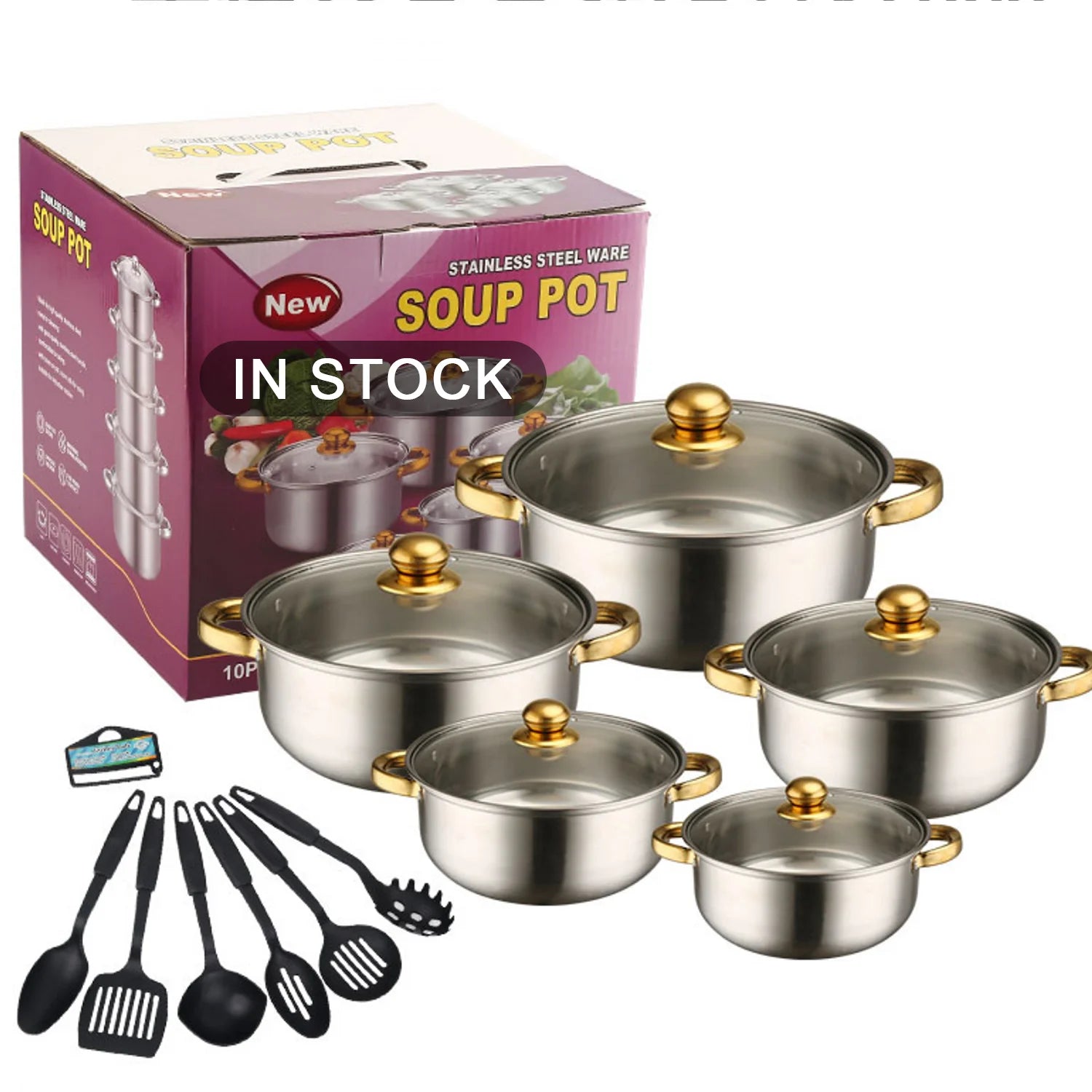 16pcs Stock Stainless Steel Cookware Set Gold Handle Soup Cooking and Milk Casserole Pots Kitchen Kitchenware l'atelier des ustensiles