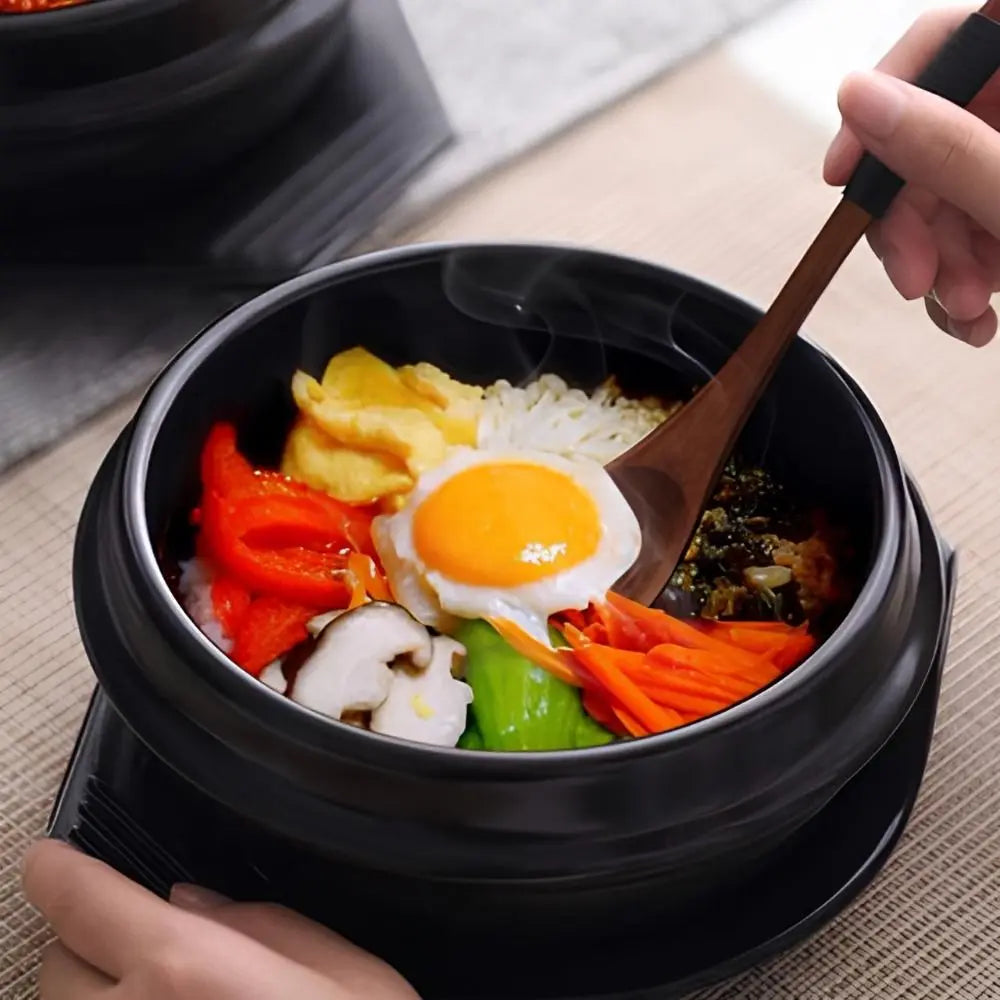 Casserole en argile de 16 cm avec plateau, résistante à la chaleur, pour Bibimbap, noire, classique, anti-brûlure, en céramique, pour soupes, usage commercial l'atelier des ustensiles