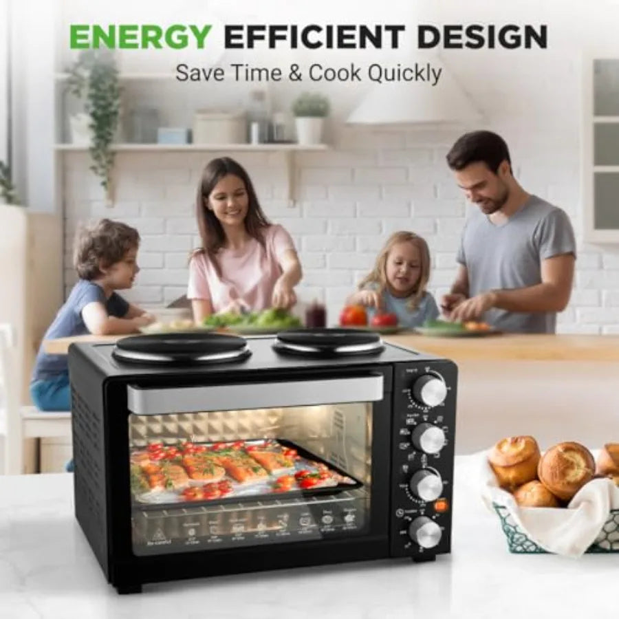 Four à convection de cuisine de 30 pintes avec cuisinière à 2 brûleurs - 1500 watts - 7 fonctions de cuisson, y compris rôtissoire, cuisson, grill - Inclu l'atelier des ustensiles