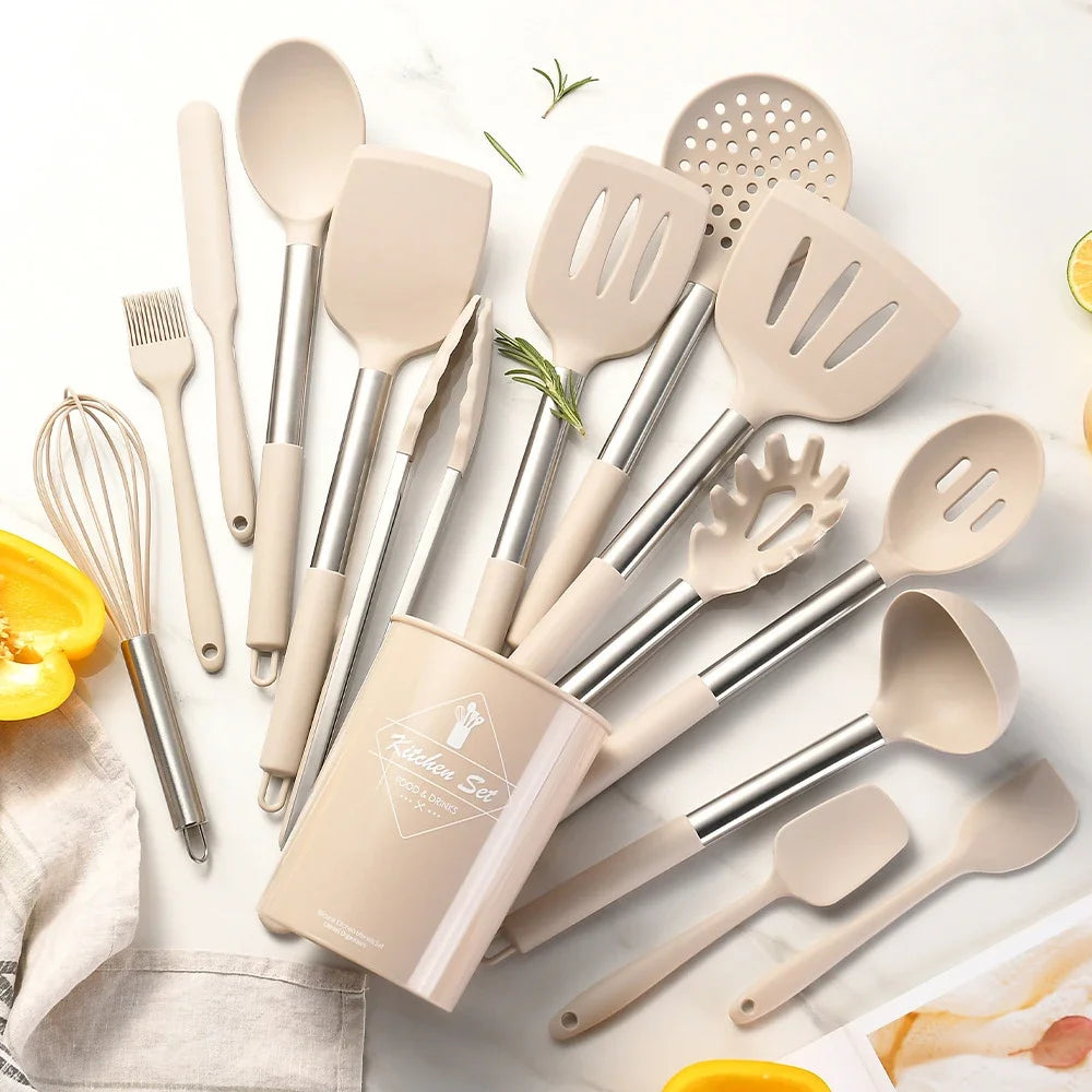 Ustensiles de cuisine en silicone antiadhésif, 15 pièces, spatule, pelle, outil de cuisson, manche en acier inoxydable, ensemble F2 avec rangement, E27 l'atelier des ustensiles