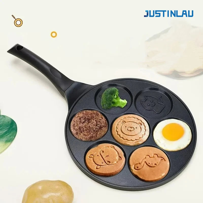 JUSTINLAU poêle à crêpes à sept trous en alliage d'aluminium Pot de petit déjeuner Smiley Animal poignée en bakélite poêle antiadhésive poêle à omelette frite l'atelier des ustensiles