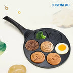 JUSTINLAU poêle à crêpes à sept trous en alliage d'aluminium Pot de petit déjeuner Smiley Animal poignée en bakélite poêle antiadhésive poêle à omelette frite l'atelier des ustensiles