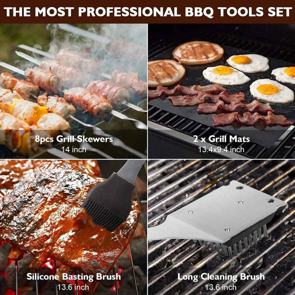 Ensemble de gril, 34 outils de barbecue avec boîtier en aluminium, accessoires de grillades en plein air pour hommes, cadeaux pour papa, anniversaire, mariage l'atelier des ustensiles