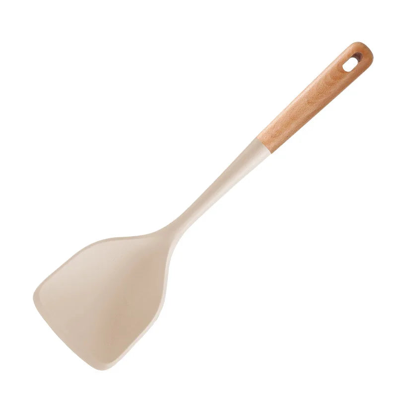 Ensemble d'ustensiles de cuisine en silicone avec manche en bois dur durable, outil de degré de chaleur, tourneur antiadhésif, kit de spatule à cuillère fendue, nouveau l'atelier des ustensiles