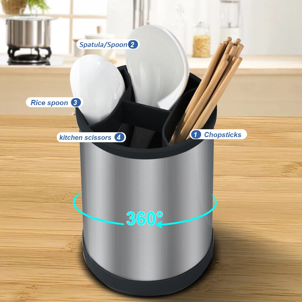360 °   Porte-ustensiles rotatif en acier inoxydable, égouttoir à couverts, baguettes, cuillères, fourchettes, vaisselle, seau de rangement de cuisine l'atelier des ustensiles