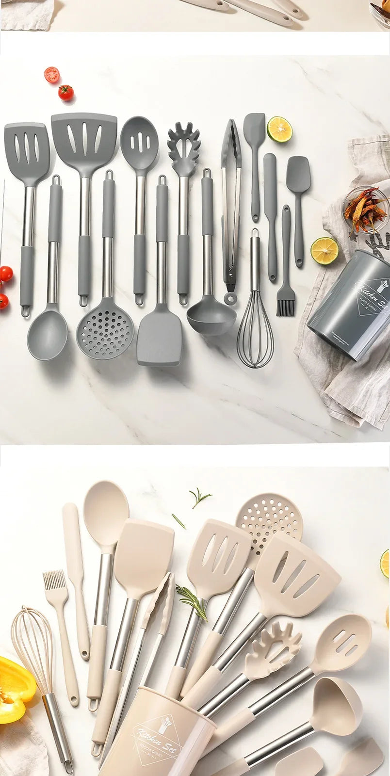 Ustensiles de cuisine en silicone antiadhésif, 15 pièces, spatule, pelle, outil de cuisson, manche en acier inoxydable, ensemble F2 avec rangement, E27 l'atelier des ustensiles