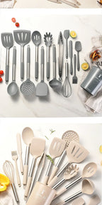 Ustensiles de cuisine en silicone antiadhésif, 15 pièces, spatule, pelle, outil de cuisson, manche en acier inoxydable, ensemble F2 avec rangement, E27 l'atelier des ustensiles