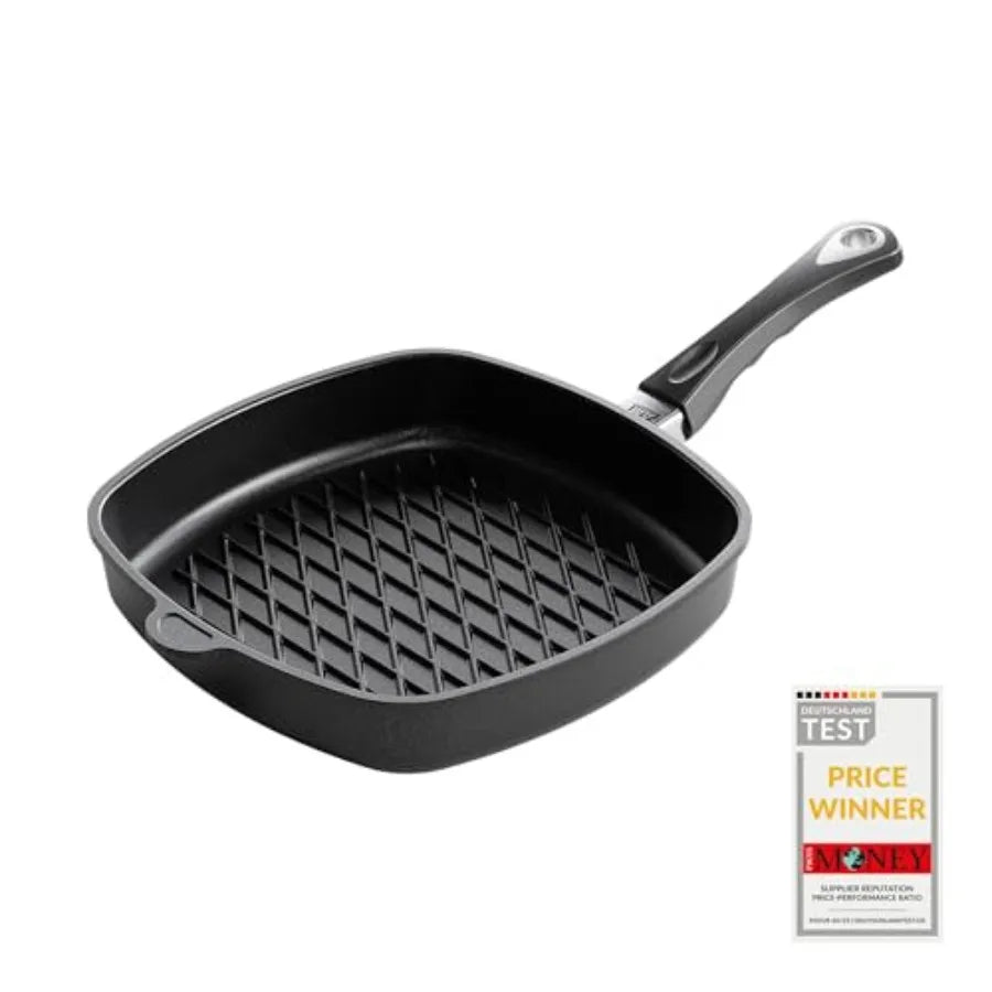 Poêle à frire carrée AMT Gastroguss The Worlds avec base grill en forme de losange pour induction 28 x 28 cm, hauteur 5 cm, aluminium moulé sous pression l'atelier des ustensiles
