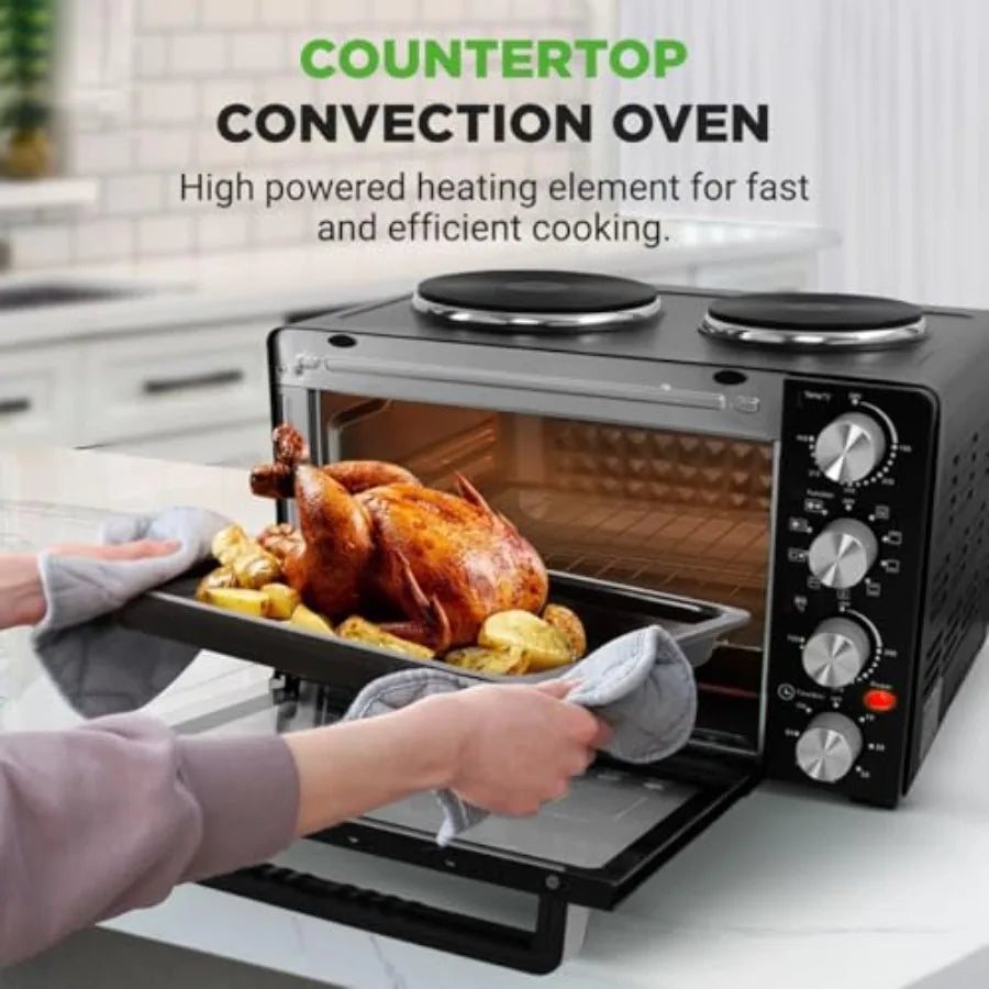 Four à convection de cuisine de 30 pintes avec cuisinière à 2 brûleurs - 1500 watts - 7 fonctions de cuisson, y compris rôtissoire, cuisson, grill - Inclu l'atelier des ustensiles