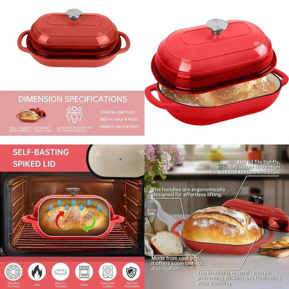 Cocotte en fonte émaillée |   Moule à pain ovale antiadhésif 5QT, idéal pour le pain au levain, les pains de mie et les pains artisanaux (Ovale Rouge, 5 QT) l'atelier des ustensiles