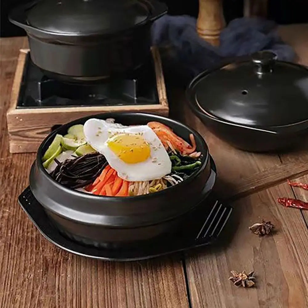 Casserole en argile de 16 cm avec plateau, résistante à la chaleur, pour Bibimbap, noire, classique, anti-brûlure, en céramique, pour soupes, usage commercial l'atelier des ustensiles