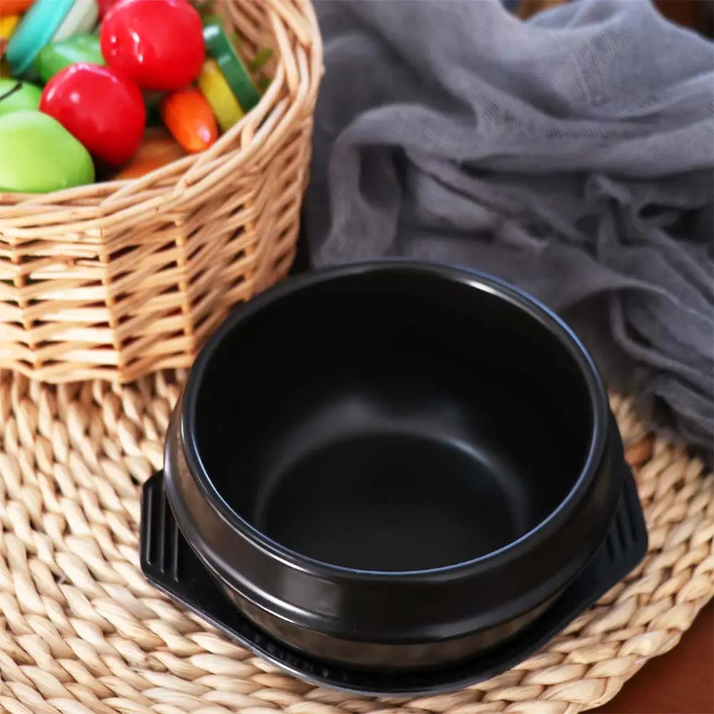Casserole en argile de 16 cm avec plateau, résistante à la chaleur, pour Bibimbap, noire, classique, anti-brûlure, en céramique, pour soupes, usage commercial l'atelier des ustensiles