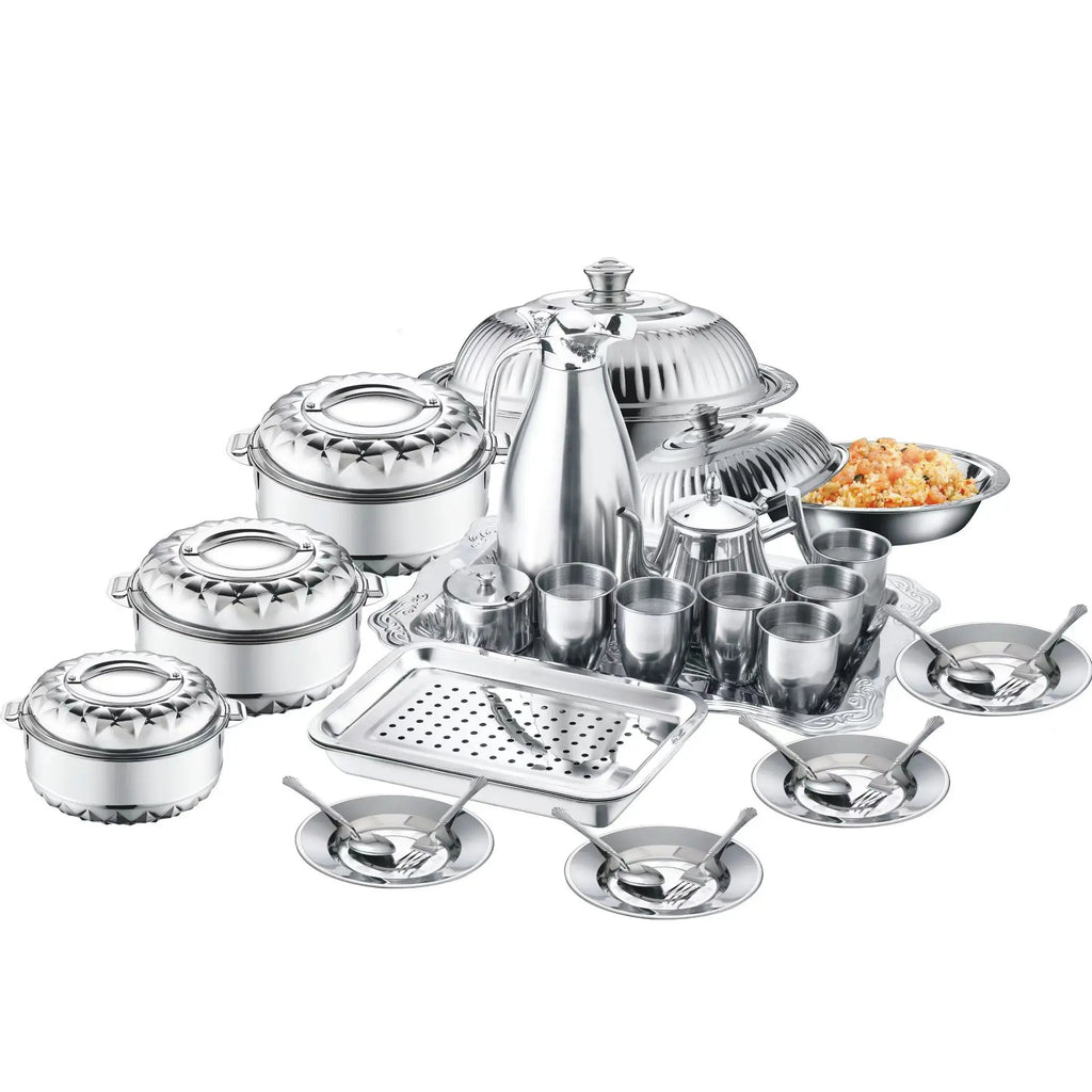 Ensemble de vaisselle de fête en acier inoxydable, 28 pièces, récipient de stockage des aliments, plateau de service alimentaire avec tasses, cuillère pour l'extérieur l'atelier des ustensiles