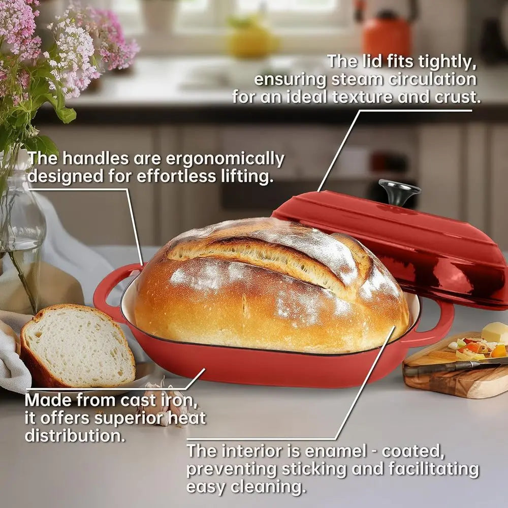 Cocotte en fonte émaillée |   Moule à pain ovale antiadhésif 5QT, idéal pour le pain au levain, les pains de mie et les pains artisanaux (Ovale Rouge, 5 QT) l'atelier des ustensiles