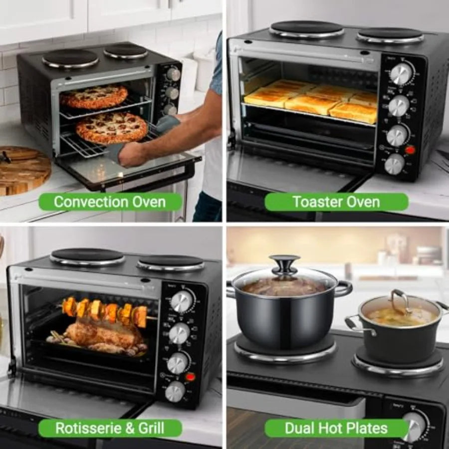Four à convection de cuisine de 30 pintes avec cuisinière à 2 brûleurs - 1500 watts - 7 fonctions de cuisson, y compris rôtissoire, cuisson, grill - Inclu l'atelier des ustensiles