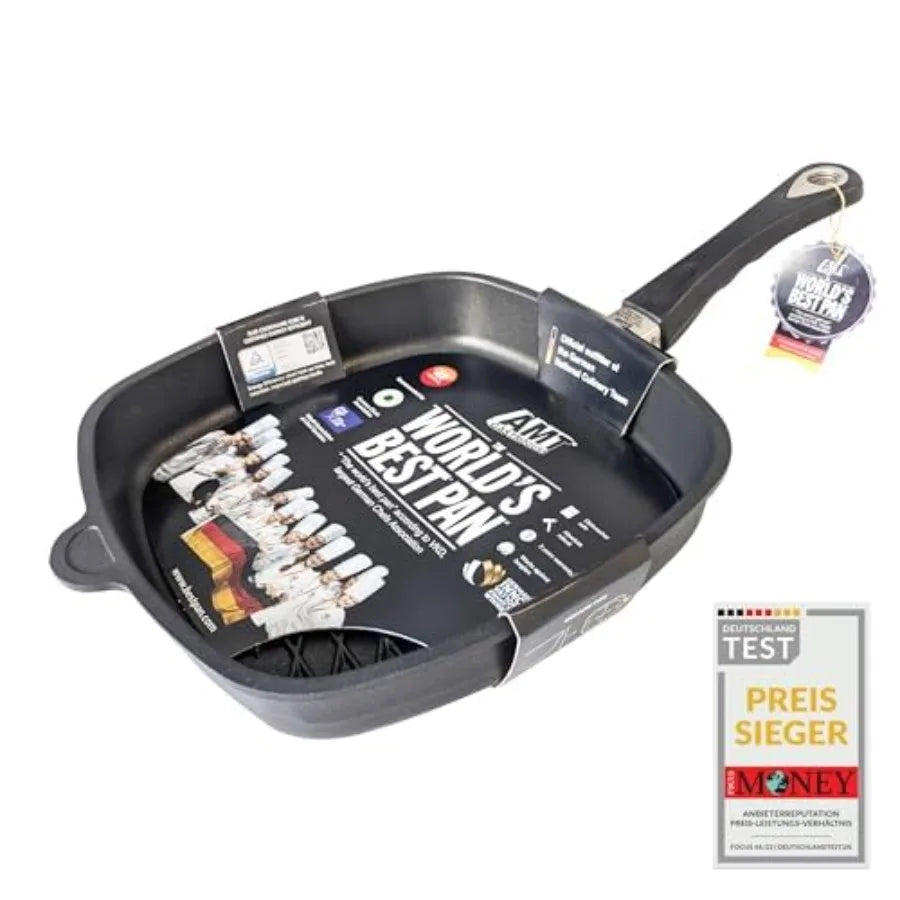 Poêle à frire carrée AMT Gastroguss The Worlds avec base grill en forme de losange pour induction 28 x 28 cm, hauteur 5 cm, aluminium moulé sous pression l'atelier des ustensiles