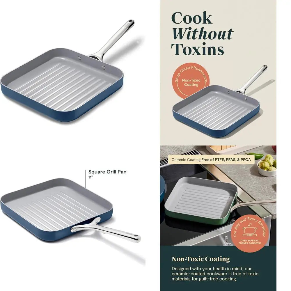 Poêle à griller en céramique antiadhésive de 11 pouces - Sans PTFE/PFOA, compatible four, convient à tous les types de cuisinières - Bleu marine l'atelier des ustensiles