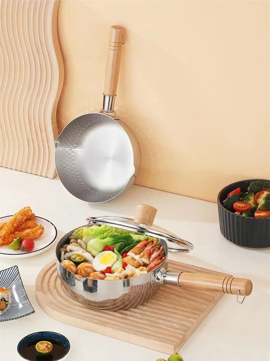 Casserole en acier inoxydable avec couvercle, manche en bois massif avec crochet, poêle à Sauce polyvalente avec bec verseur, marmite à Sauce, marmite de cuisson l'atelier des ustensiles