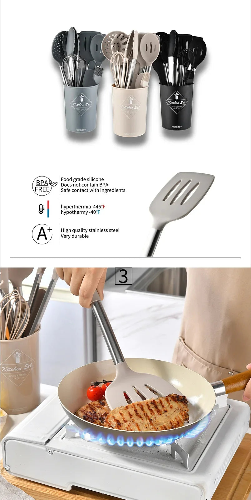 Ustensiles de cuisine en silicone antiadhésif, 15 pièces, spatule, pelle, outil de cuisson, manche en acier inoxydable, ensemble F2 avec rangement, E27 l'atelier des ustensiles