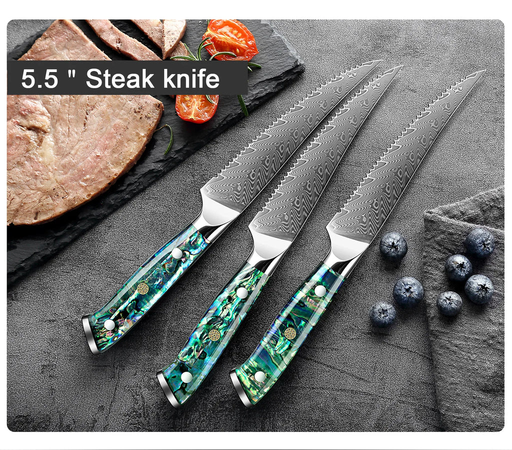 Couteau à steak dentelé en acier Damas, lame tranchante, cuisine, fruits, manche en coquille d'ormeau, qualité supérieure, 1 à 6 pièces l'atelier des ustensiles