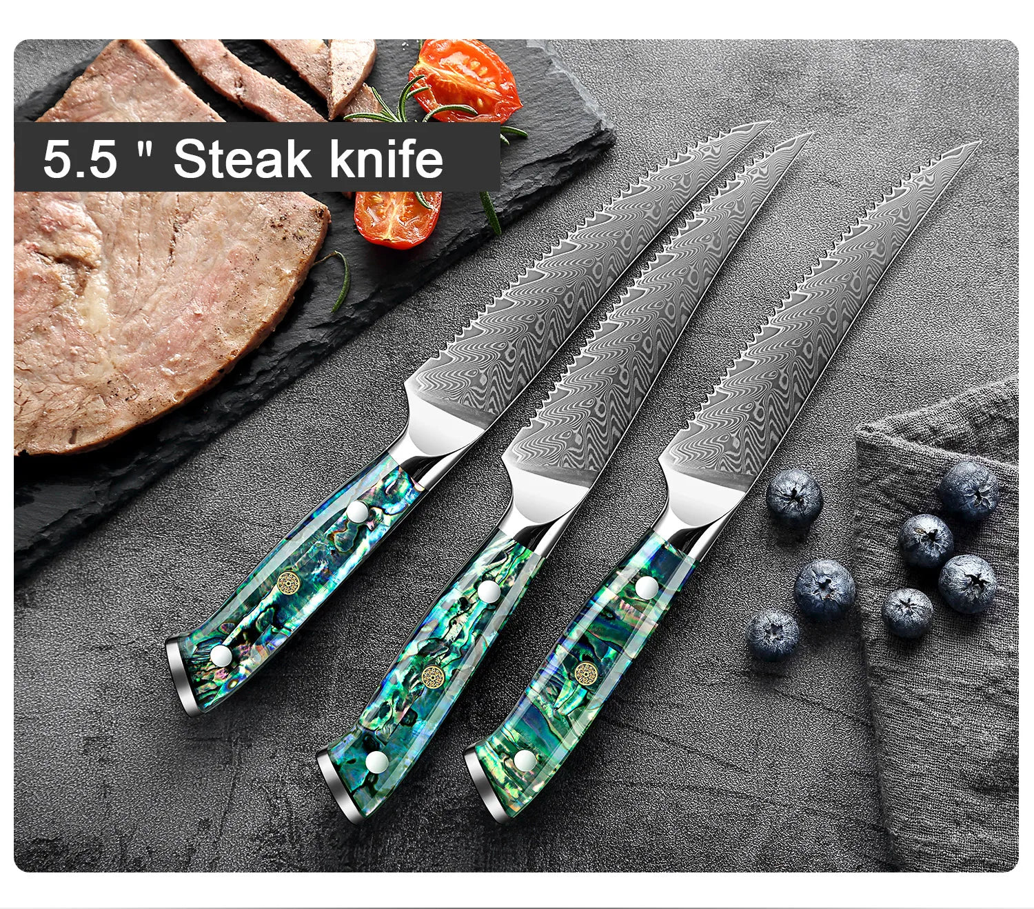 Couteau à steak dentelé en acier Damas, lame tranchante, cuisine, fruits, manche en coquille d'ormeau, qualité supérieure, 1 à 6 pièces l'atelier des ustensiles