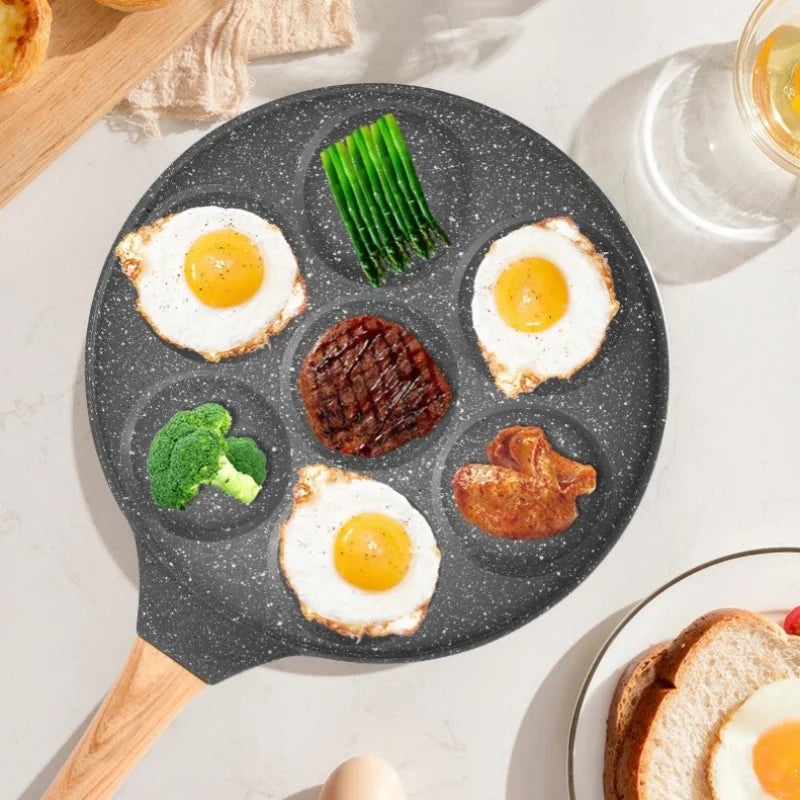JUSTINLAU poêle à crêpes à sept trous en alliage d'aluminium Pot de petit déjeuner Smiley Animal poignée en bakélite poêle antiadhésive poêle à omelette frite l'atelier des ustensiles
