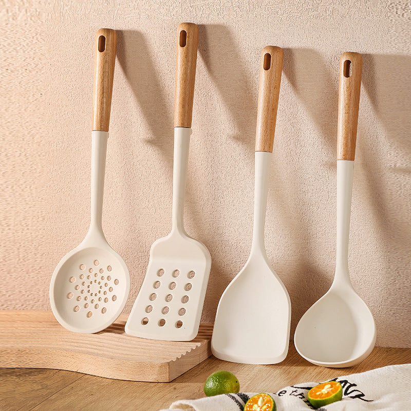 Ensemble d'ustensiles de cuisine en silicone avec manche en bois dur durable, outil de degré de chaleur, tourneur antiadhésif, kit de spatule à cuillère fendue, nouveau l'atelier des ustensiles
