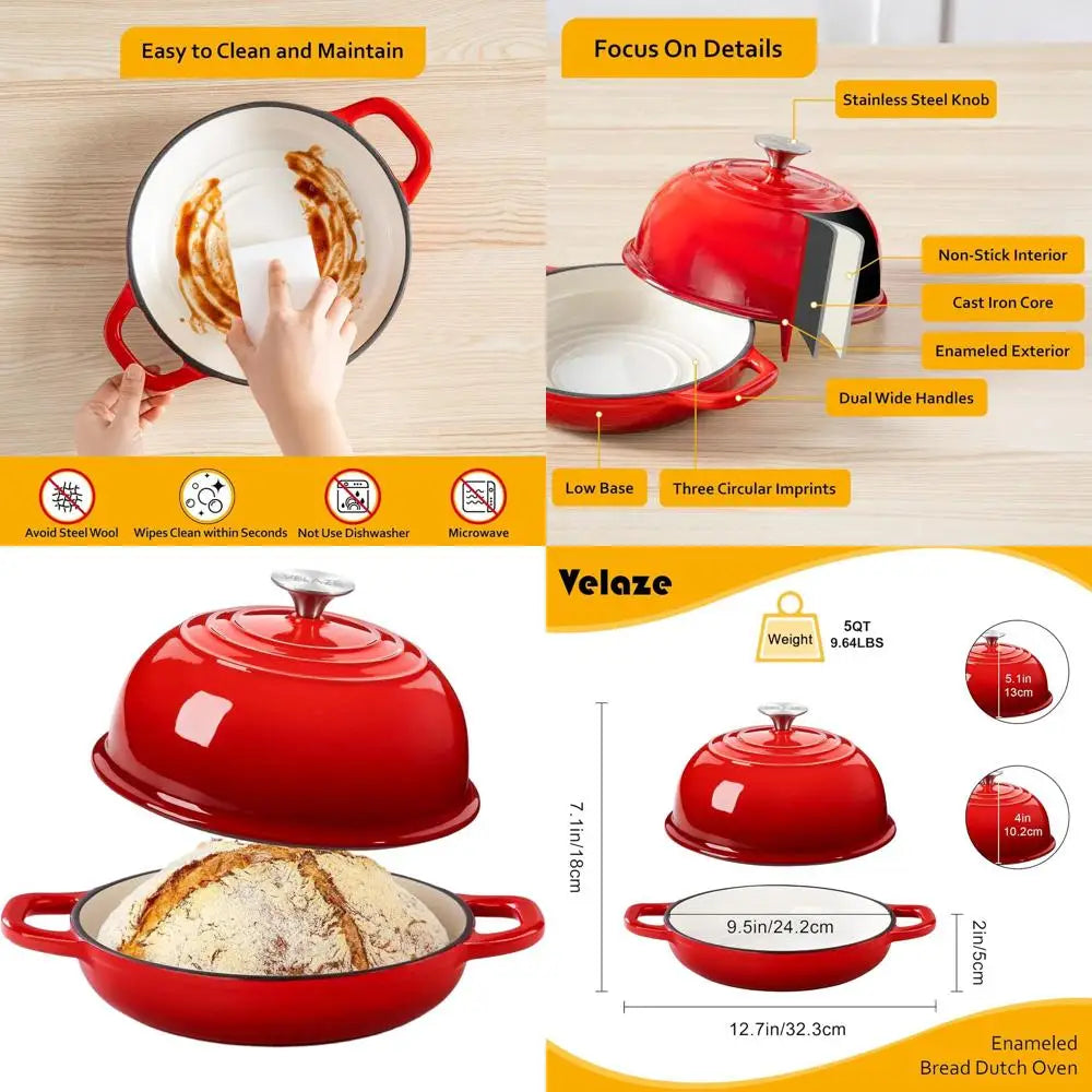 Cocotte en fonte émaillée ronde de 5 litres avec couvercle en dôme pour la cuisson du levain, la rôtisserie, le braisage (Rouge) l'atelier des ustensiles