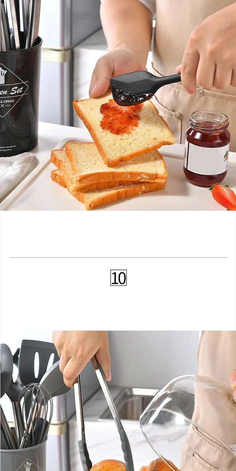 Ustensiles de cuisine en silicone antiadhésif, 15 pièces, spatule, pelle, outil de cuisson, manche en acier inoxydable, ensemble F2 avec rangement, E27 l'atelier des ustensiles