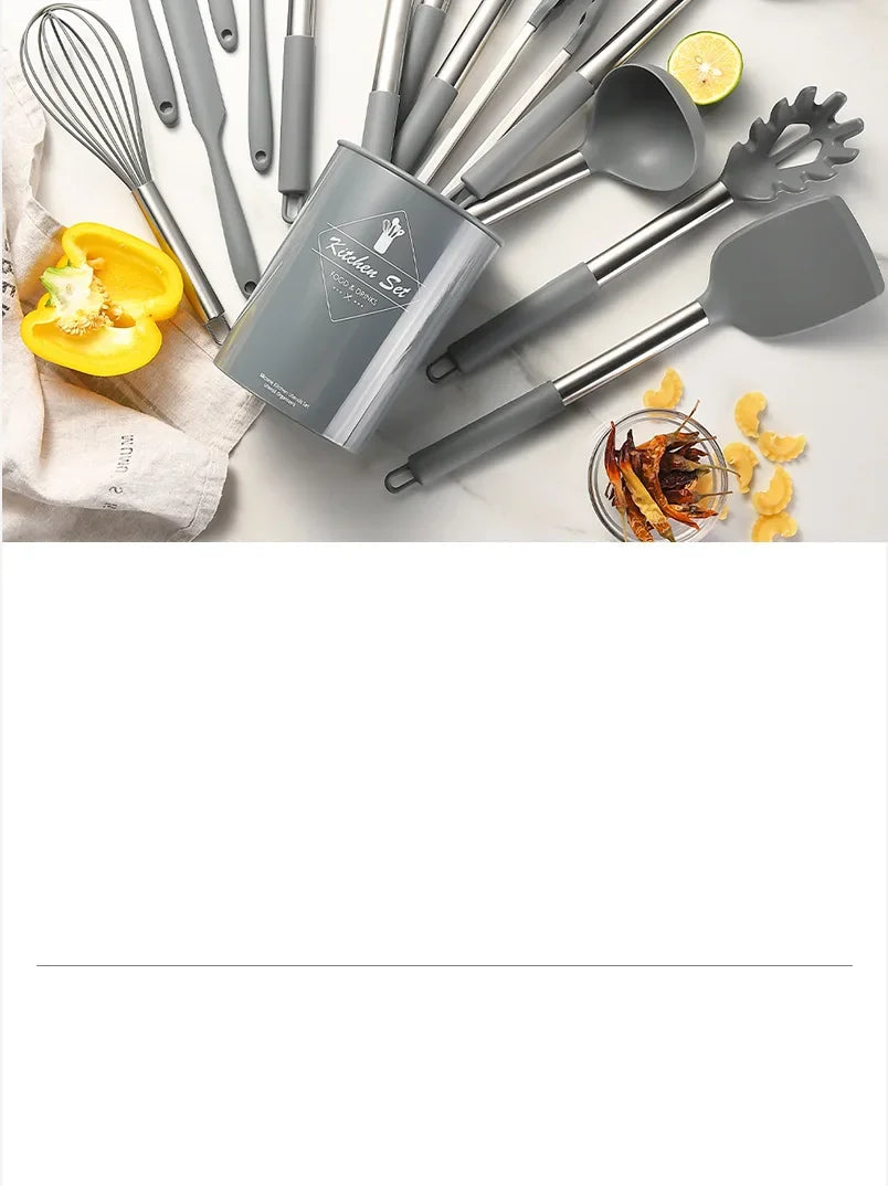 Ustensiles de cuisine en silicone antiadhésif, 15 pièces, spatule, pelle, outil de cuisson, manche en acier inoxydable, ensemble F2 avec rangement, E27 l'atelier des ustensiles