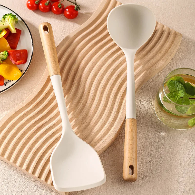 Ensemble d'ustensiles de cuisine en silicone avec manche en bois dur durable, outil de degré de chaleur, tourneur antiadhésif, kit de spatule à cuillère fendue, nouveau l'atelier des ustensiles