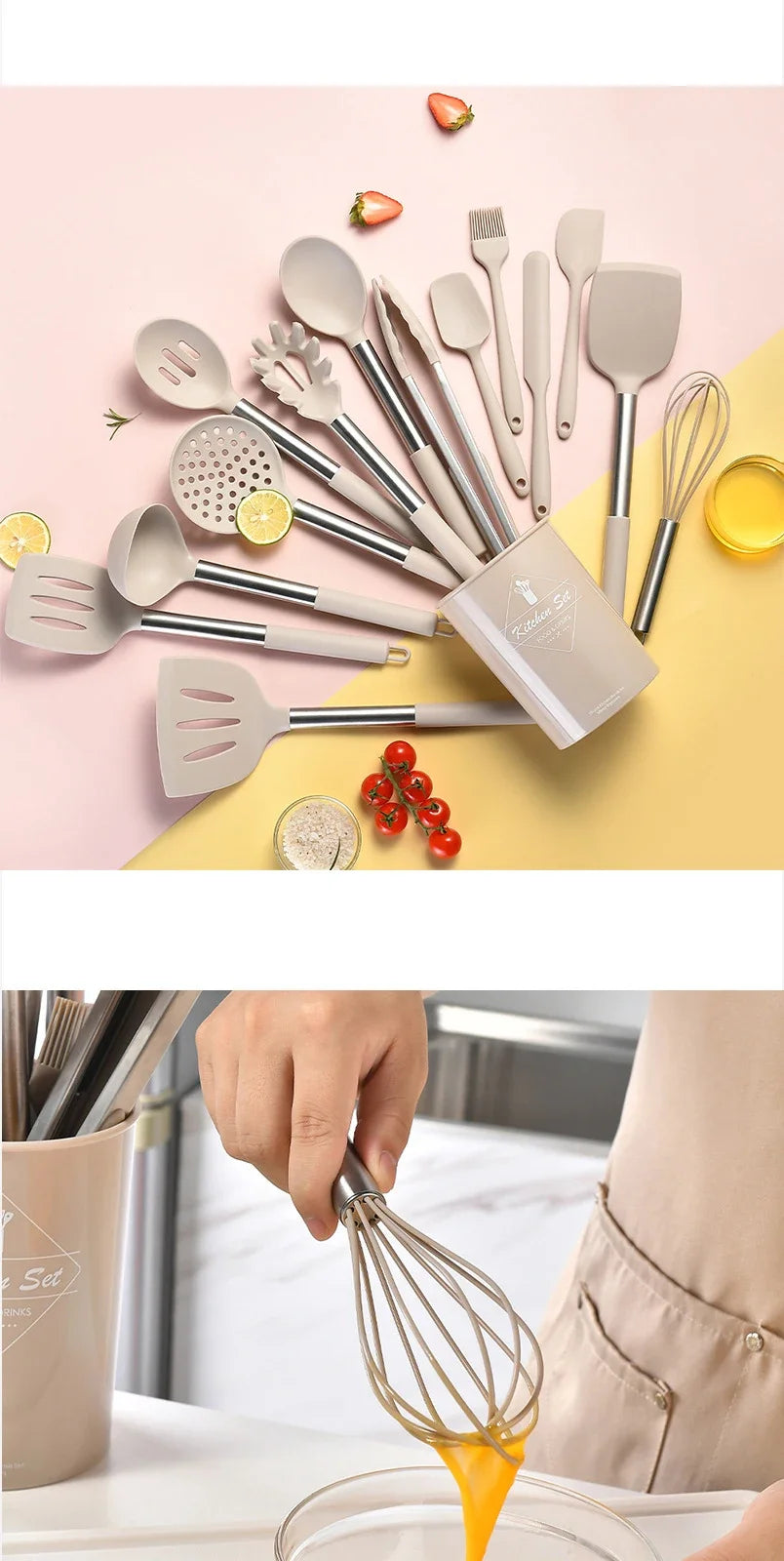 Ustensiles de cuisine en silicone antiadhésif, 15 pièces, spatule, pelle, outil de cuisson, manche en acier inoxydable, ensemble F2 avec rangement, E27 l'atelier des ustensiles