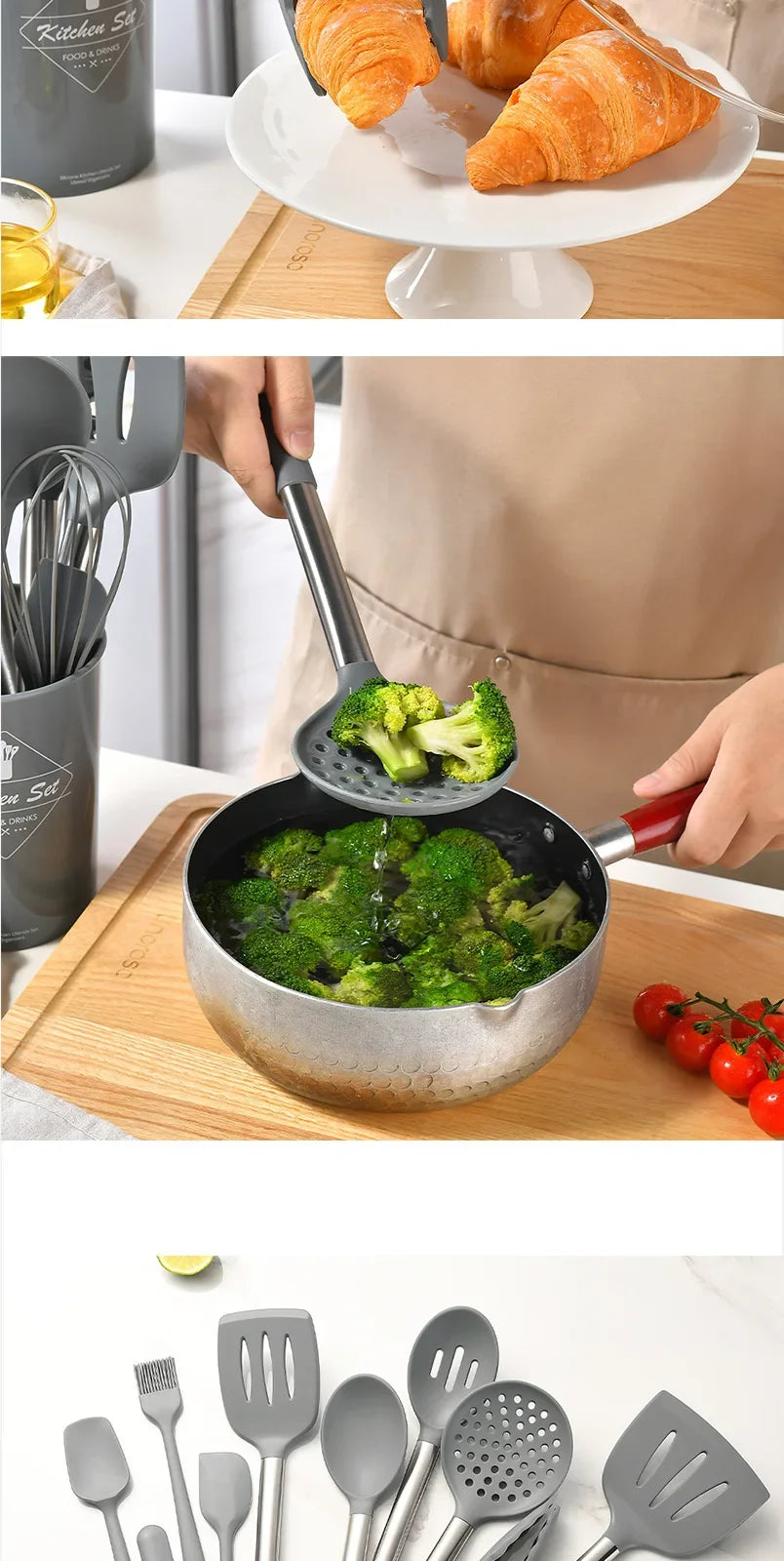 Ustensiles de cuisine en silicone antiadhésif, 15 pièces, spatule, pelle, outil de cuisson, manche en acier inoxydable, ensemble F2 avec rangement, E27 l'atelier des ustensiles