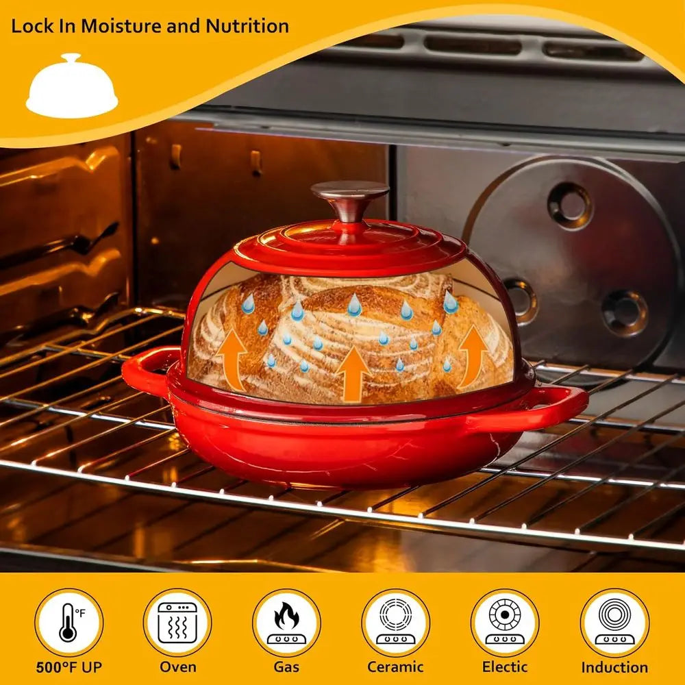 Cocotte en fonte émaillée ronde de 5 litres avec couvercle en dôme pour la cuisson du levain, la rôtisserie, le braisage (Rouge) l'atelier des ustensiles