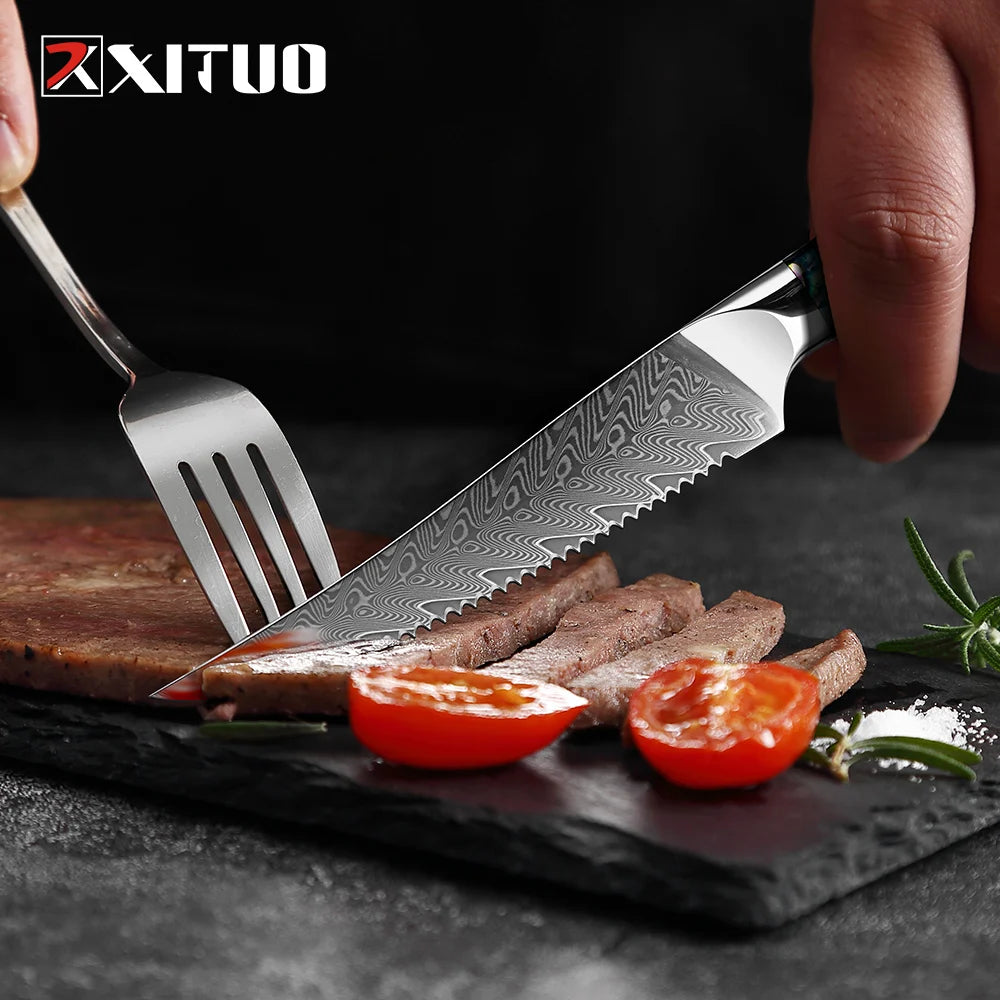 Couteau à steak dentelé en acier Damas, lame tranchante, cuisine, fruits, manche en coquille d'ormeau, qualité supérieure, 1 à 6 pièces l'atelier des ustensiles