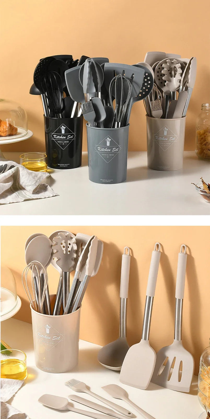 Ustensiles de cuisine en silicone antiadhésif, 15 pièces, spatule, pelle, outil de cuisson, manche en acier inoxydable, ensemble F2 avec rangement, E27 l'atelier des ustensiles