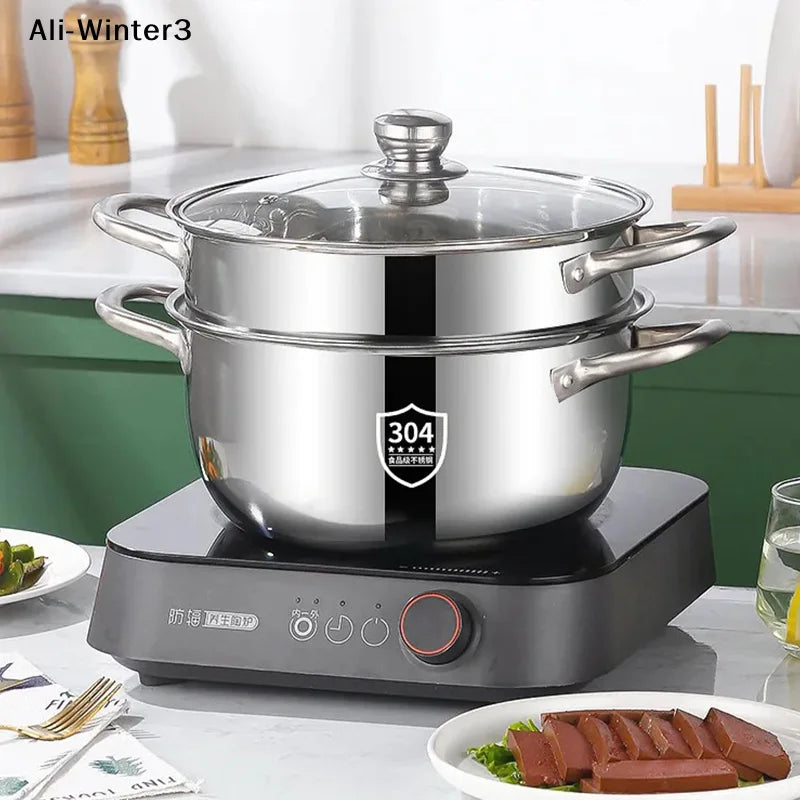【R】Casserole en acier inoxydable à double poignée avec couvercle en verre pour cuisinière à induction l'atelier des ustensiles