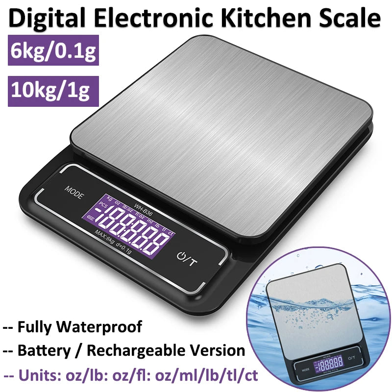 Balance de cuisine électronique numérique 6kg/0.1g 10kg/1g, affichage LCD, entièrement étanche, mesure en acier inoxydable, outil de cuisson l'atelier des ustensiles