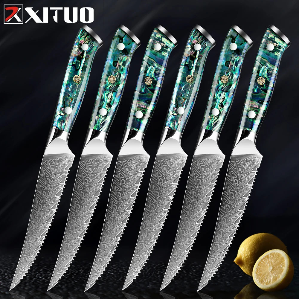 Couteau à steak dentelé en acier Damas, lame tranchante, cuisine, fruits, manche en coquille d'ormeau, qualité supérieure, 1 à 6 pièces l'atelier des ustensiles