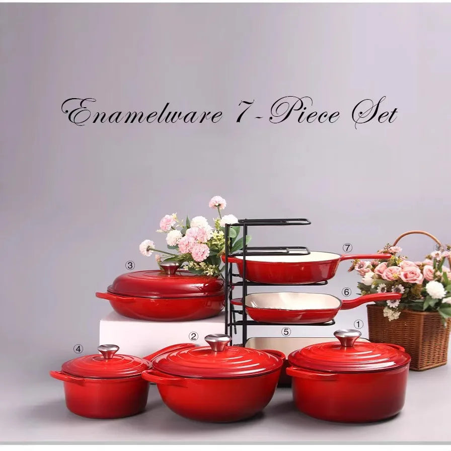 Ensemble de 7 pièces de pot en émail, pot en fonte, ensemble de sept pièces, haute valeur l'atelier des ustensiles