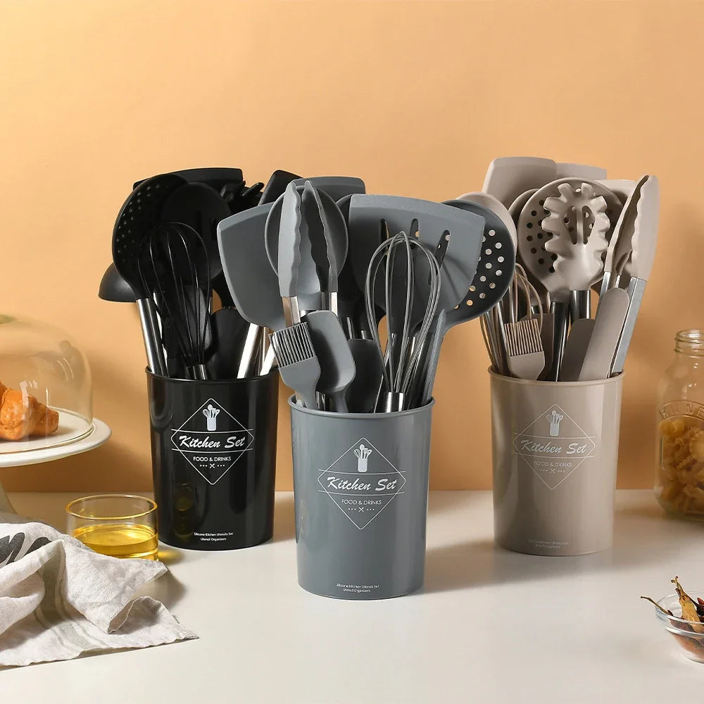 Ustensiles de cuisine en silicone antiadhésif, 15 pièces, spatule, pelle, outil de cuisson, manche en acier inoxydable, ensemble F2 avec rangement, E27 l'atelier des ustensiles