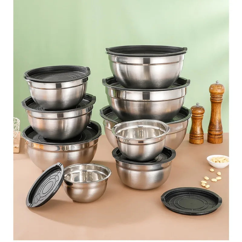 Bols à mélanger pour salade avec couvercles et bases antidérapantes, ensemble de bols à mélanger en acier inoxydable pour la cuisson, bols de rangement de nidification l'atelier des ustensiles