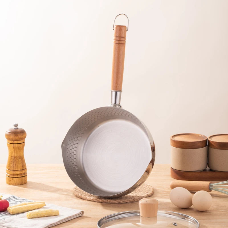 Casserole en acier inoxydable avec couvercle, manche en bois massif avec crochet, poêle à Sauce polyvalente avec bec verseur, marmite à Sauce, marmite de cuisson l'atelier des ustensiles